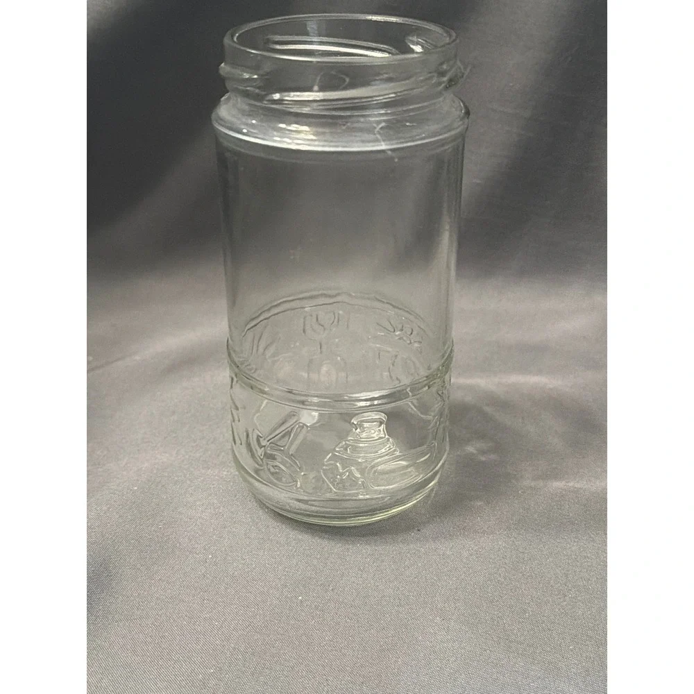 Vintage Clear Glass Jar Embossed Cultural Symbols Figures 15 I 77 Marked Base